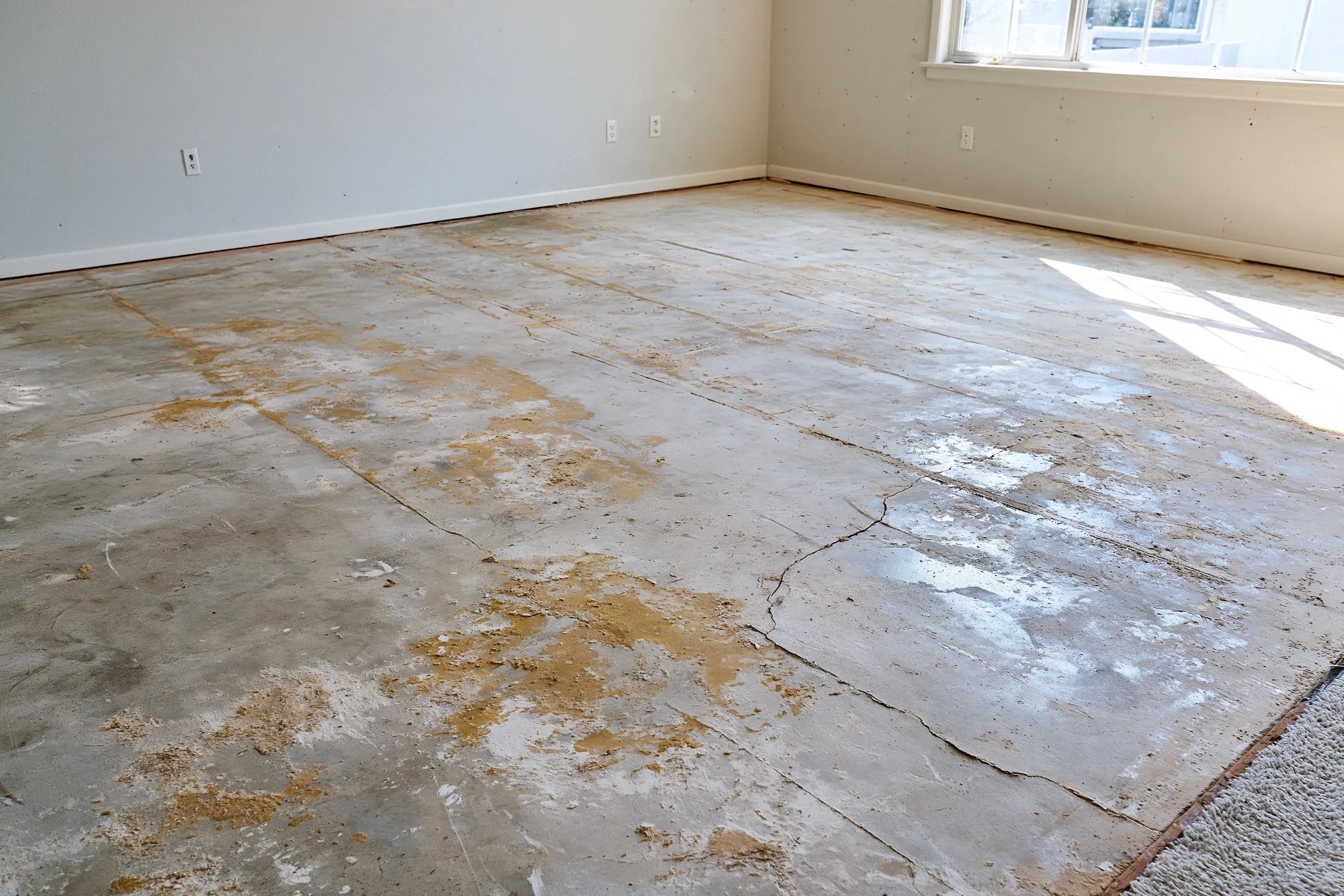 Bare concrete slab in an empty room after carpet removal, with patches of old yellow adhesive and a few cracks in daylight from one window