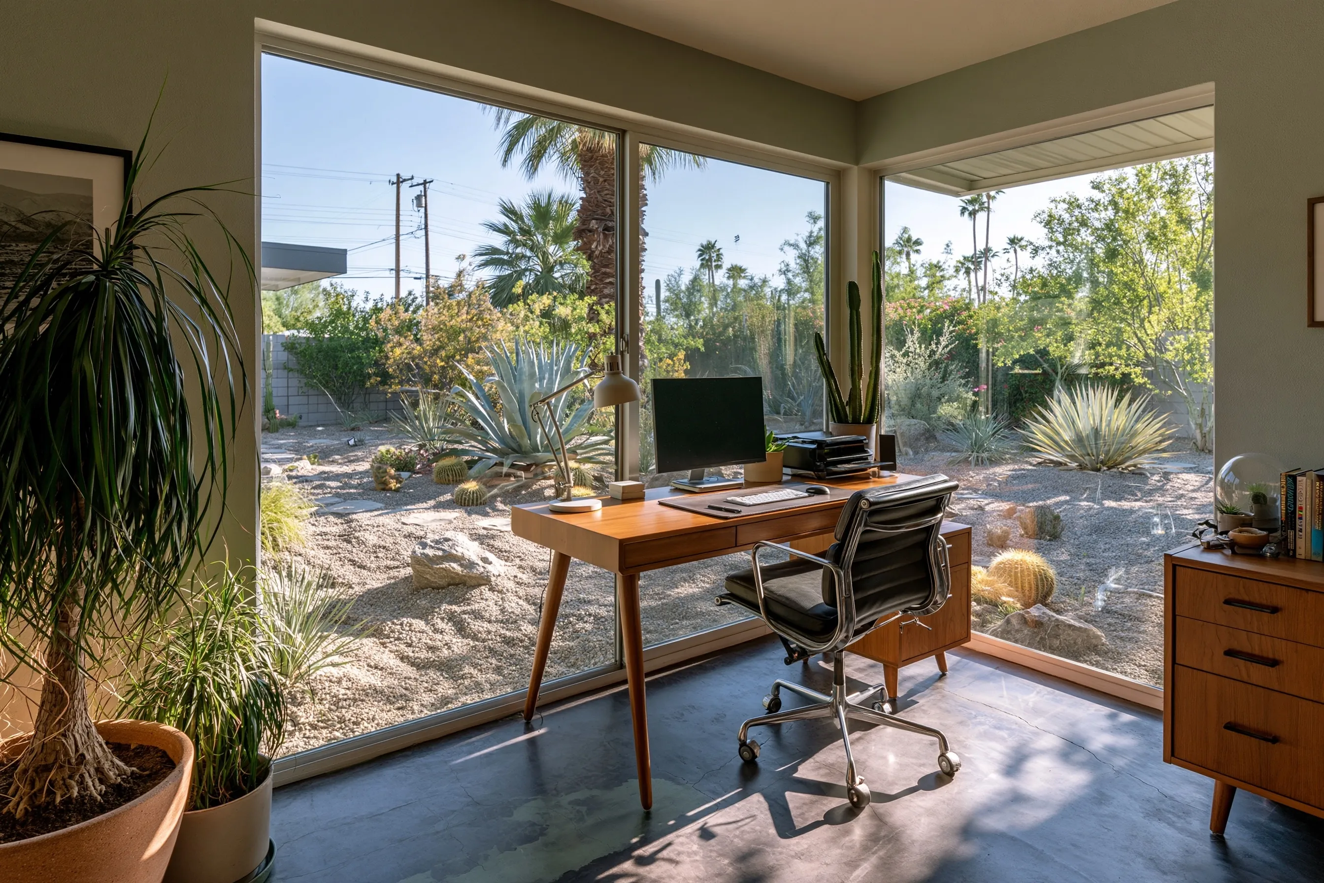 Home office with a deep charcoal and sage dyed polished concrete floor with subtle variation and a large window onto a desert garden