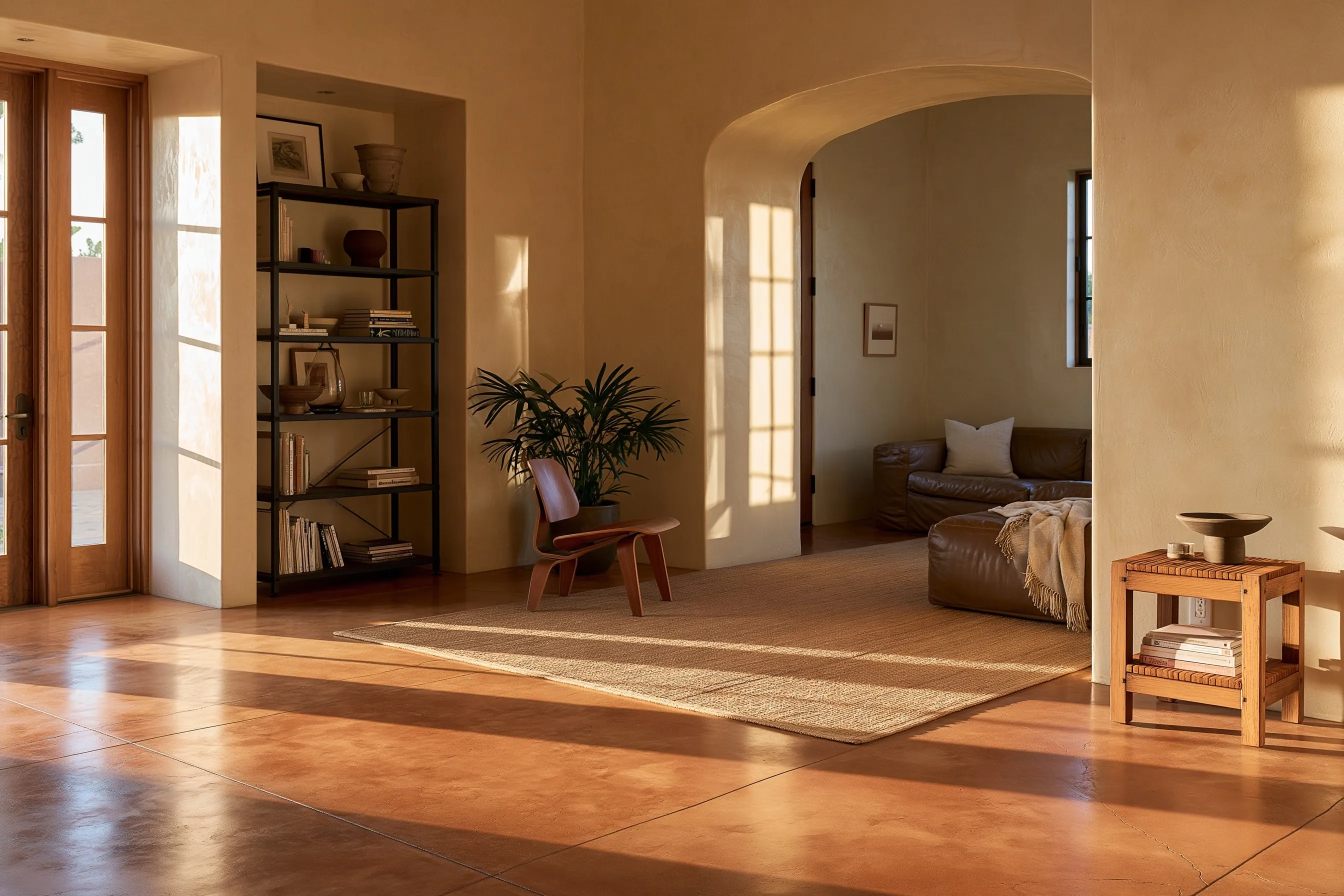 Living room with a warm terracotta-dyed polished concrete floor in mottled color, cream stucco walls and a woven rug in evening light