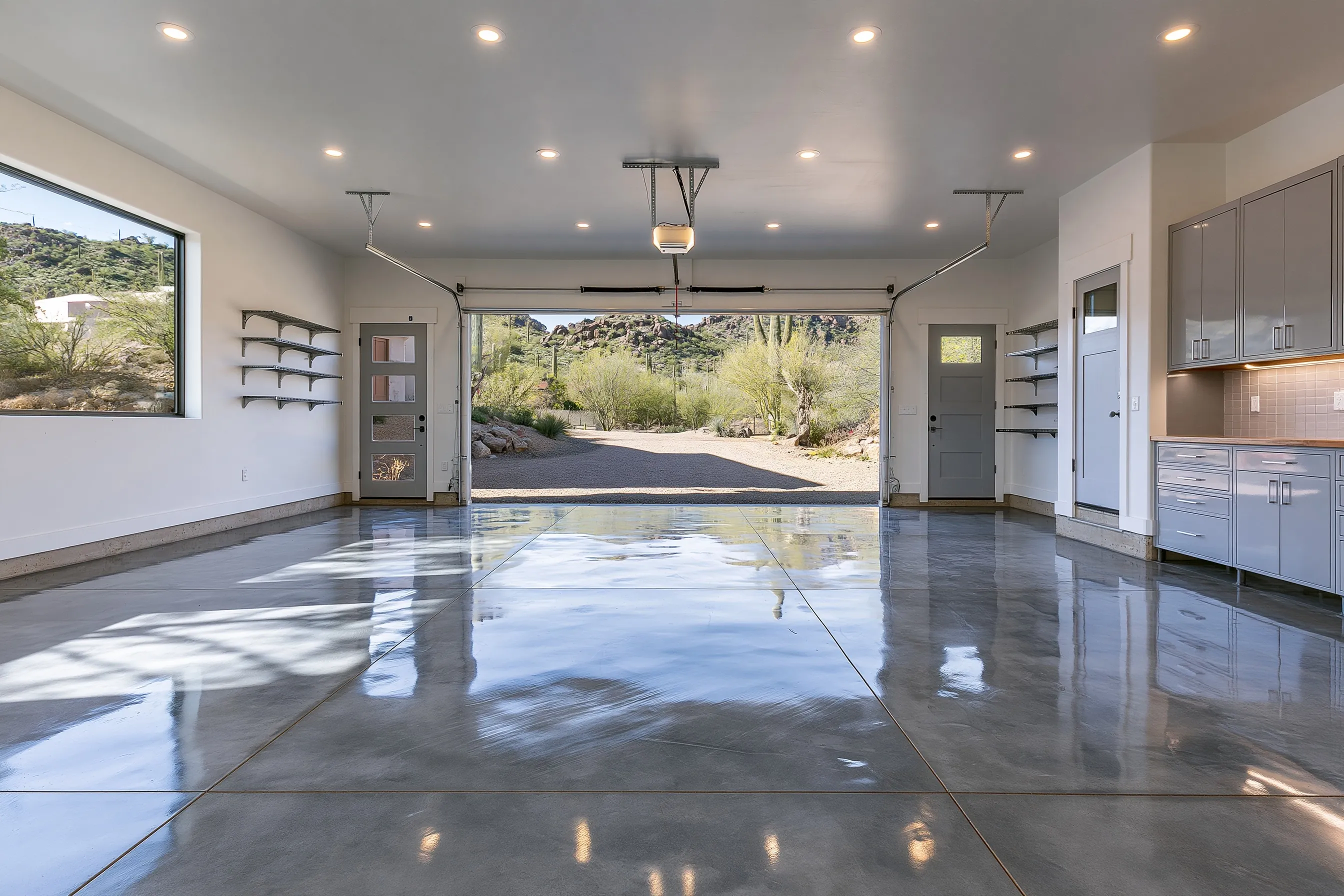 Three-car garage with a glossy charcoal dyed concrete floor, wall shelves and gray cabinets, and one door open to a gravel drive