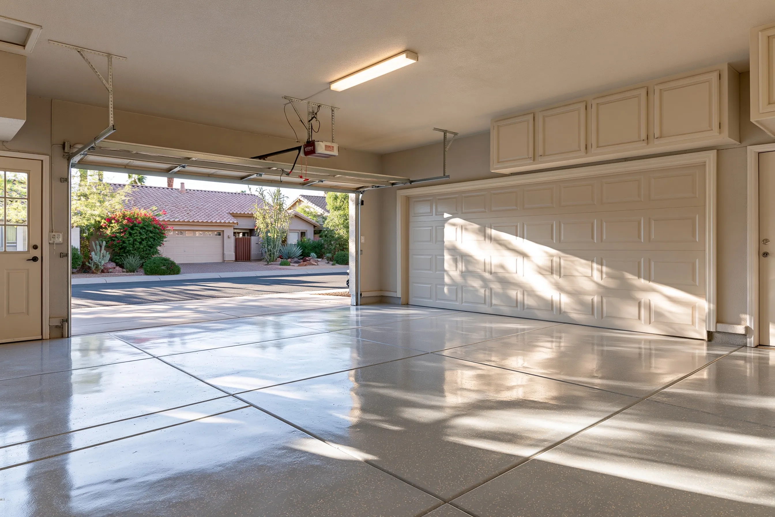 Clean two-car garage with a satin polished grey concrete floor, an open stucco-clad garage door under a tile roof, an empty bay and a wall cabinet in afternoon sun