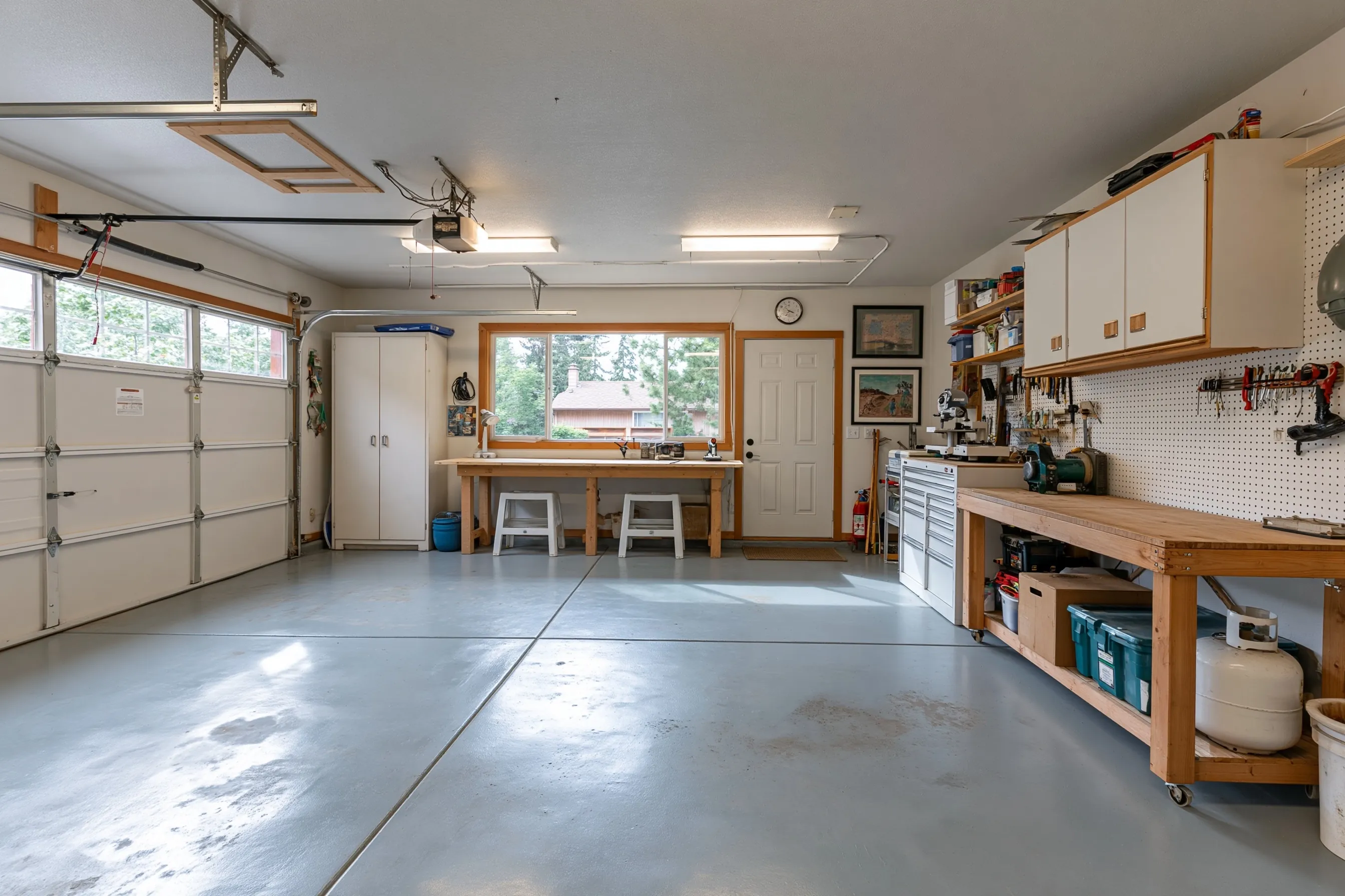 Home workshop garage with a sealed medium grey concrete floor, wooden workbenches and a pegboard tool wall