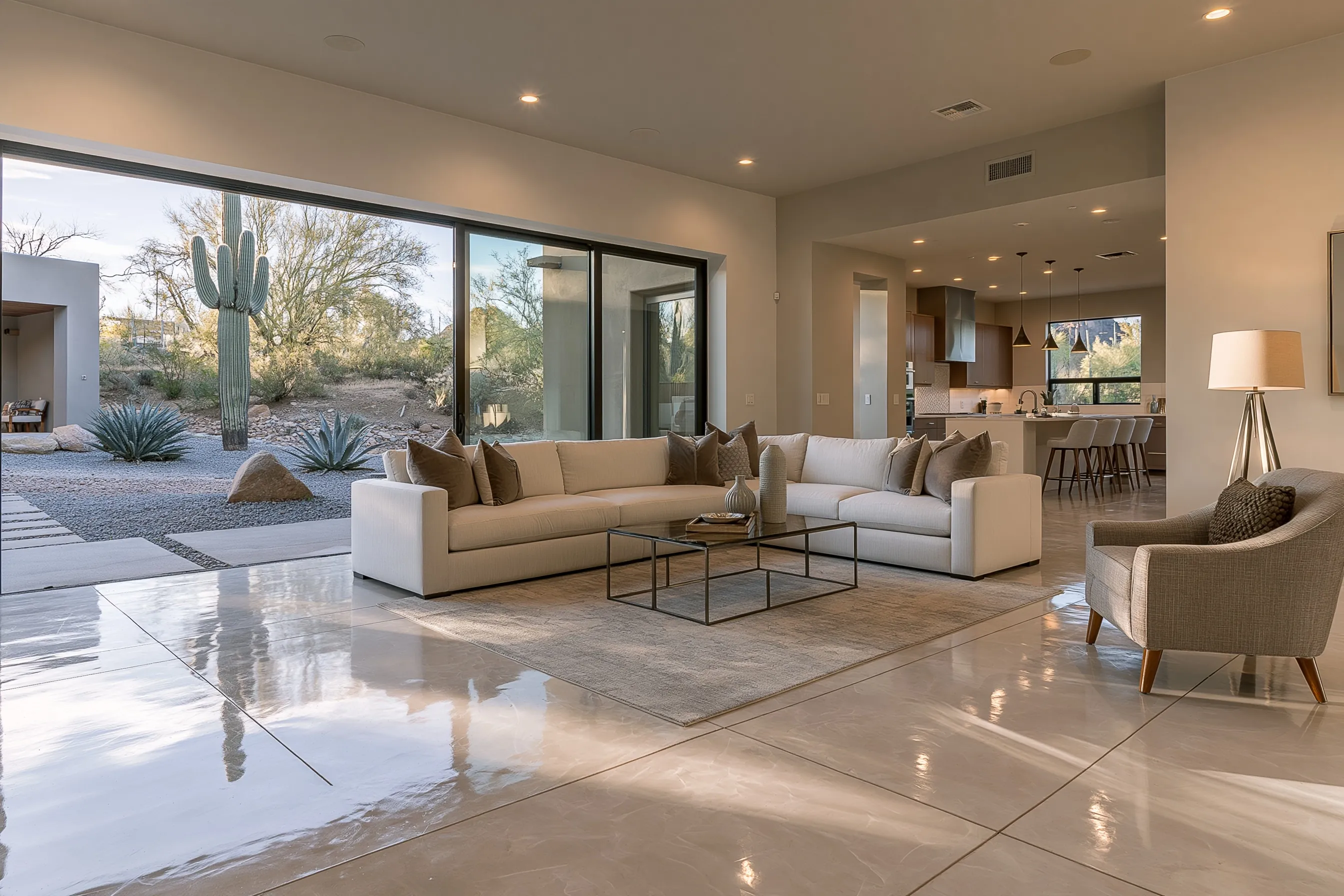 Open living room in a single-storey stucco desert home with a cream-finish satin polished concrete floor and sliding glass doors to a gravel yard with saguaro and agave