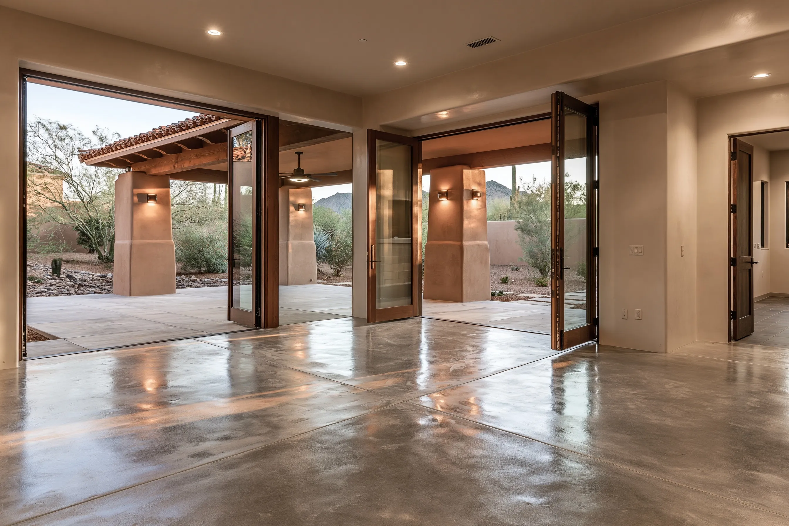 Wide interior with a mottled warm gray-brown polished concrete floor leading to open folding glass doors and a covered patio