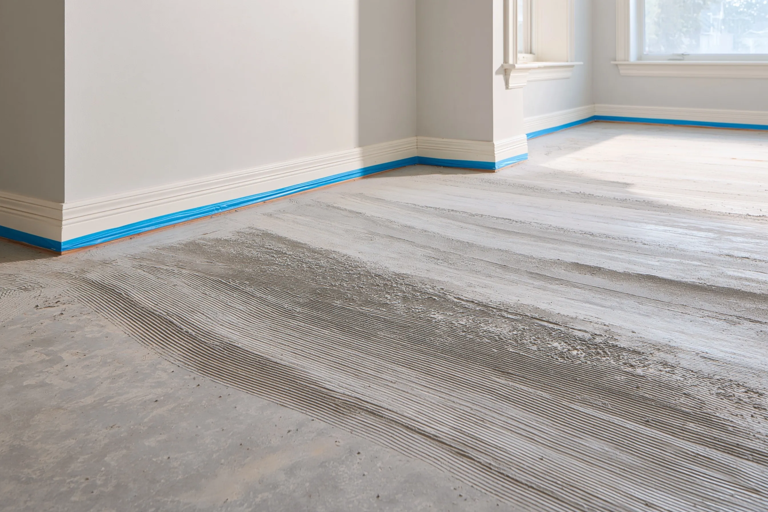 Concrete floor after ceramic tile removal, showing leftover thinset ridges and a taped wall edge, ready for grinding